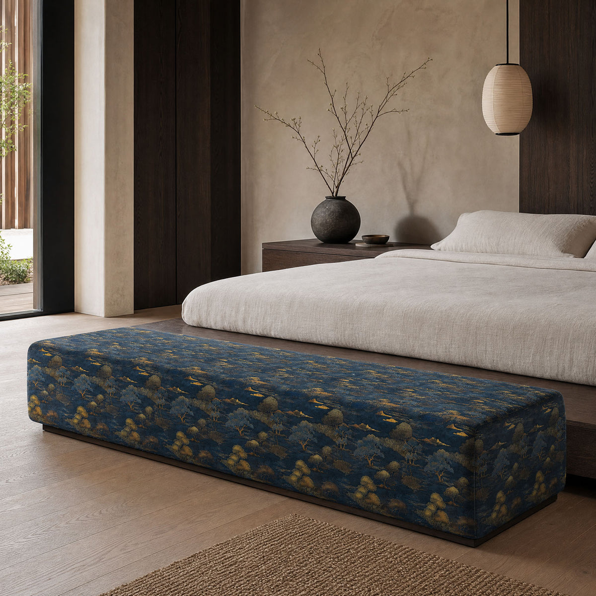 Mori No.22 Japanese Crib5 velvet upholstery fabric shown on a bench