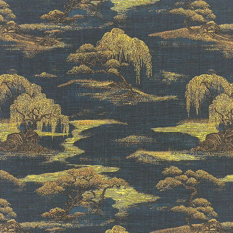 Japanese navy and gold upholstery fabric with scenic landscape pattern featuring trees and water in detailed printed design