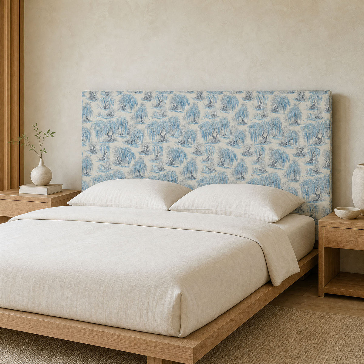 Mori No.24 pale blue Japanese Crib5 velvet fabric on a luxury upholstered headboard