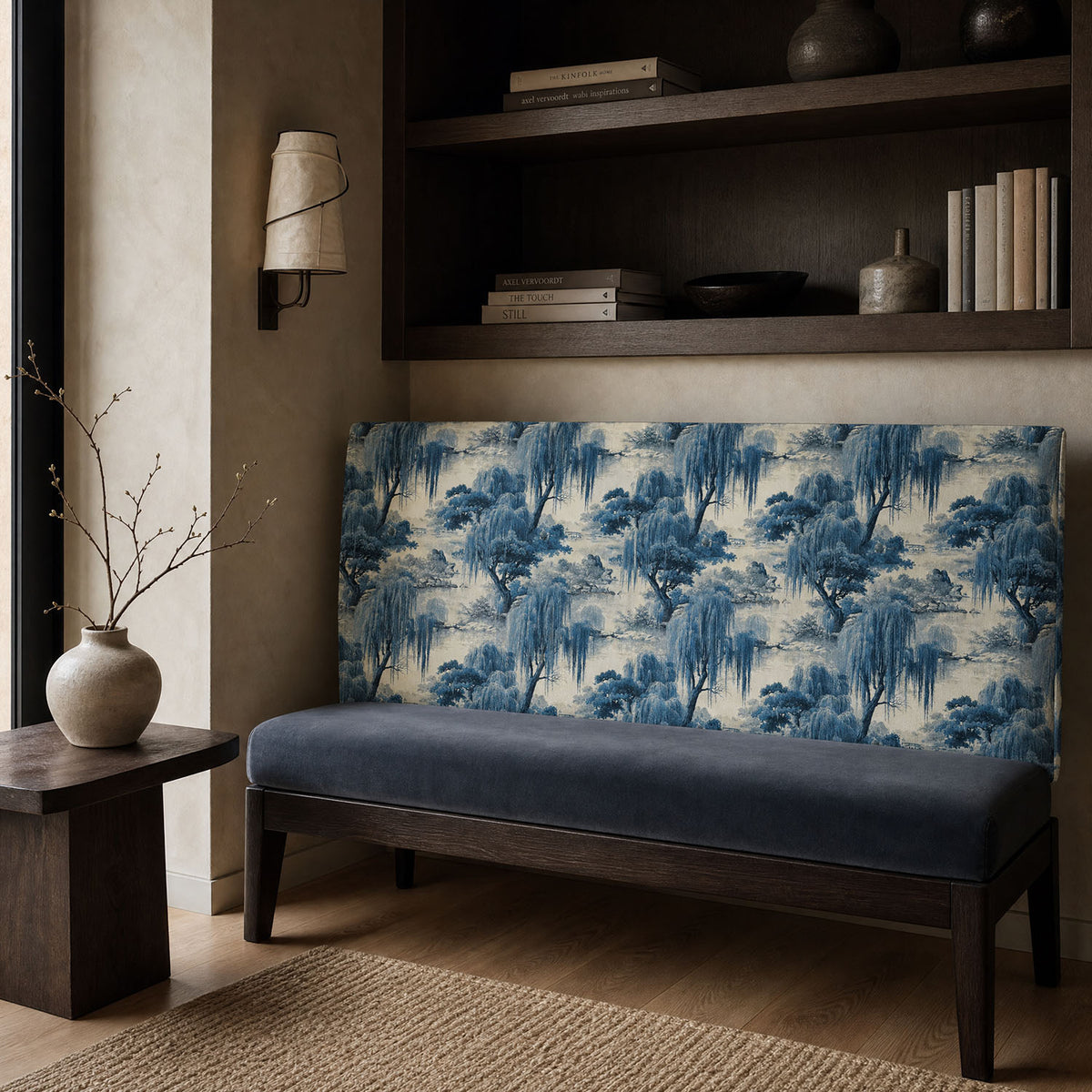 Mori No.25 blue Japanese Crib5 velvet fabric used on a luxury upholstered bench