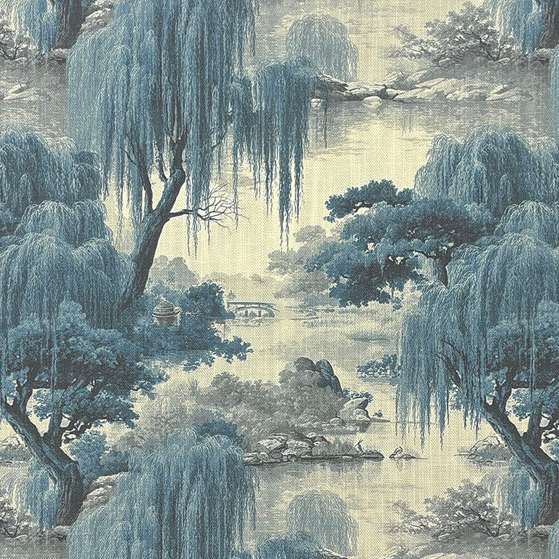 Japanese white and blue upholstery fabric with willow trees water landscape scenic printed design