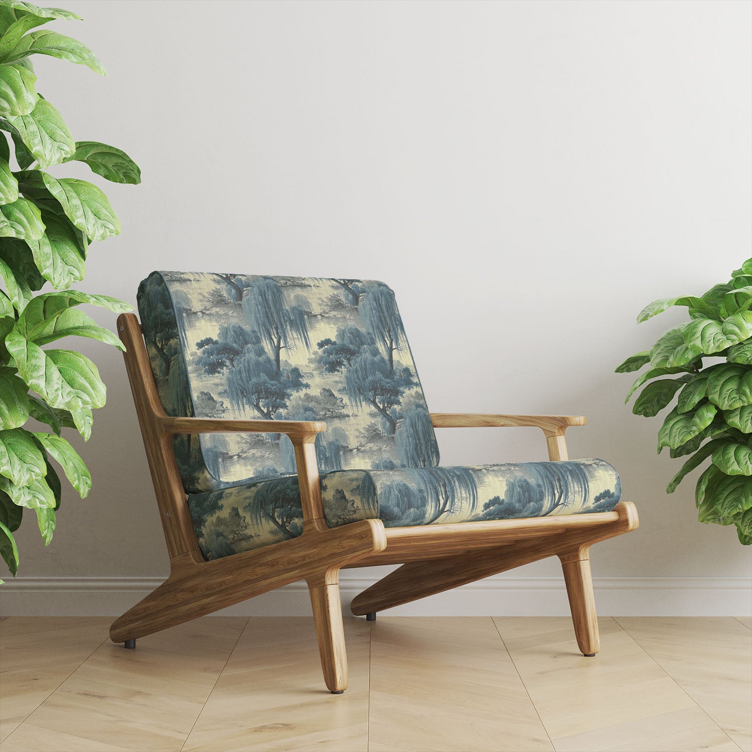White and blue Japanese upholstery fabric armchair with scenic willow tree pattern in modern interior