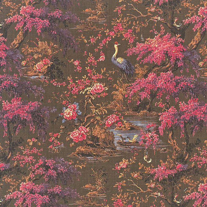 Japanese pink floral upholstery fabric with birds and brown background detailed scenic printed design