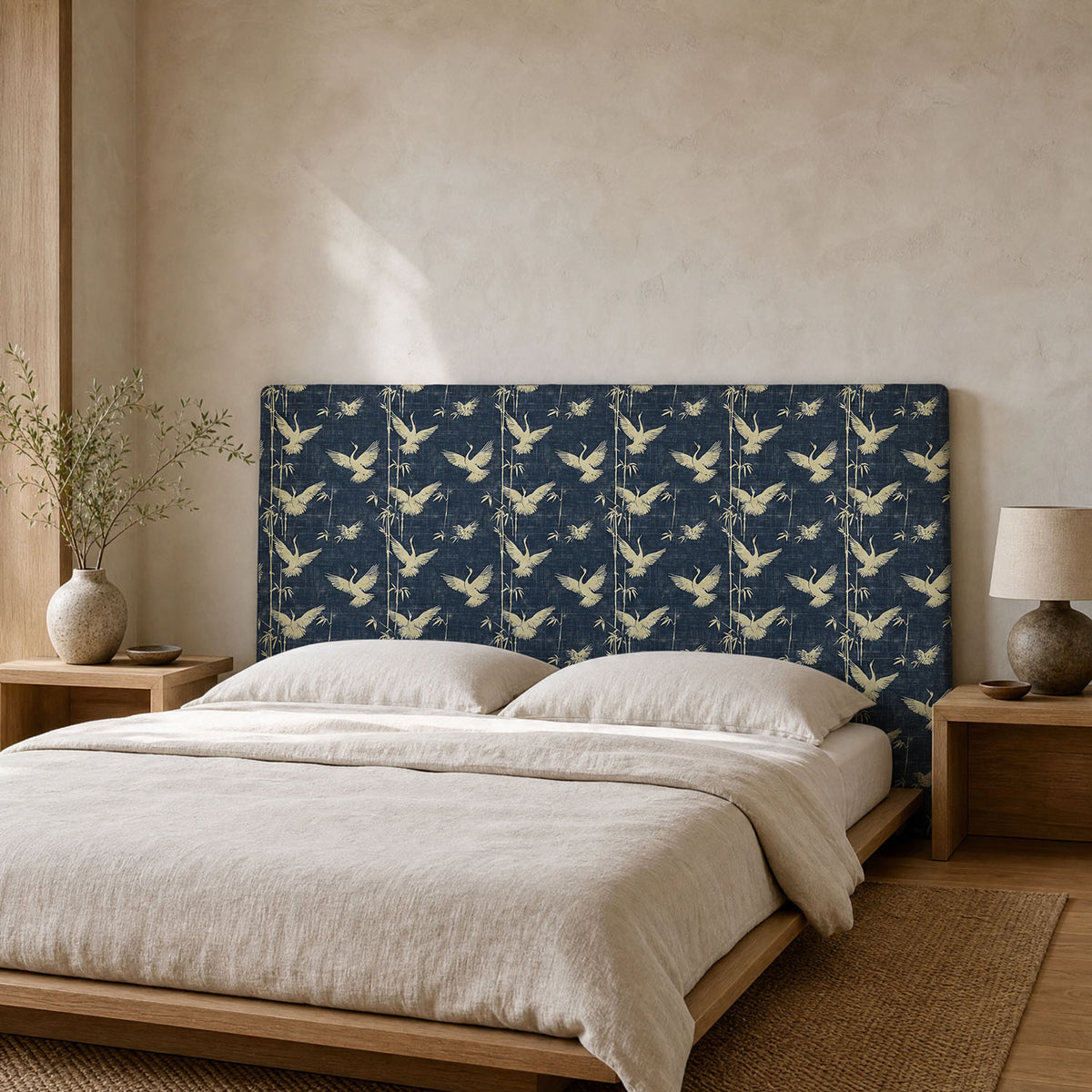 Mori No.3 bird design Crib5 velvet fabric shown on upholstered headboard
