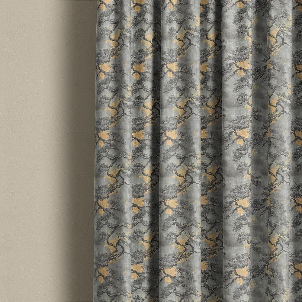 Mori No.4 linen curtain fabric used as full length curtains showing Japanese tree pattern in grey and gold tones
