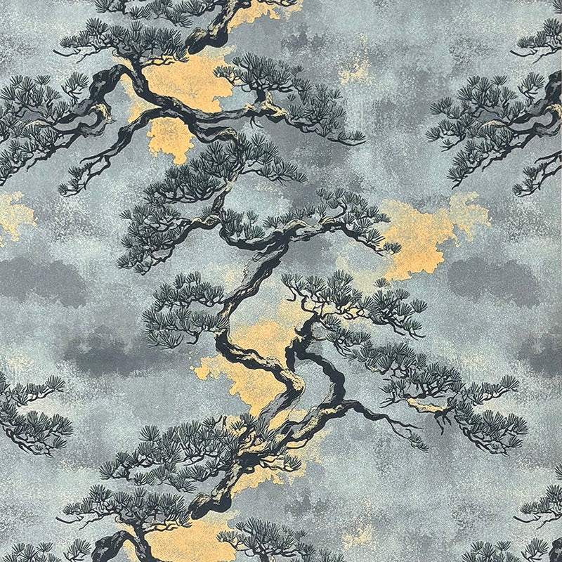 Mori No.4 grey gold Crib5 velvet fabric with Japanese pine branch print