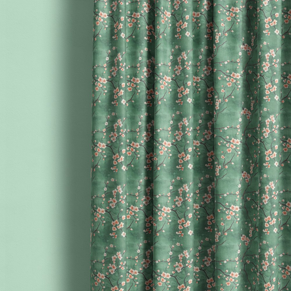 Mori No.5 Japanese linen curtain fabric showing green floral curtains styled in modern interior