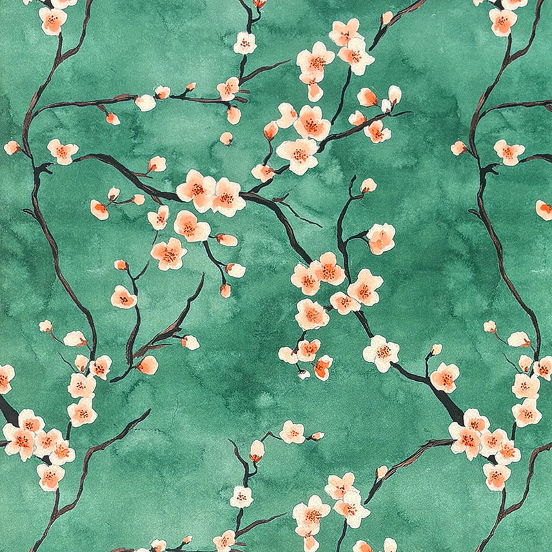 Mori No.5 green Crib5 velvet fabric with Japanese cherry blossom print