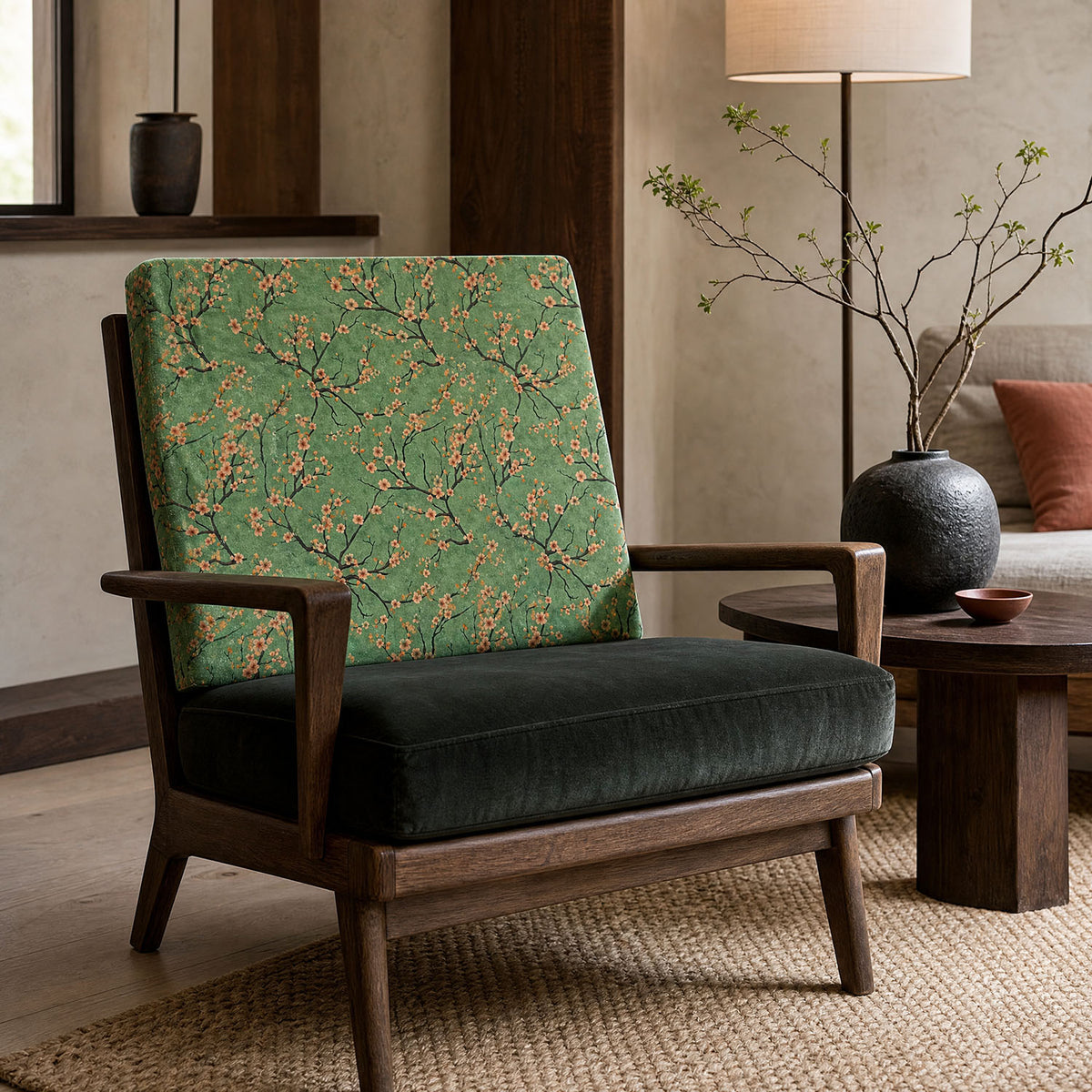 Mori No.6 Crib5 velvet fabric shown on upholstered chair for luxury interiors