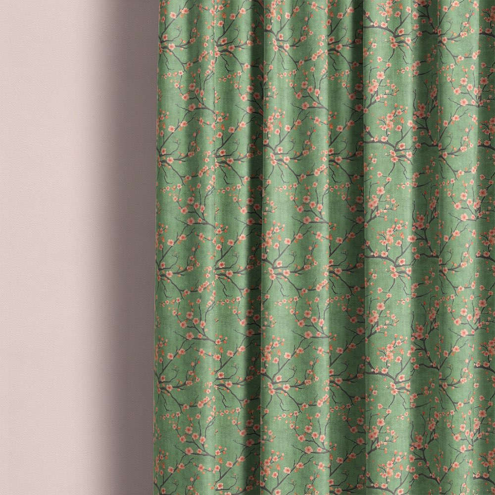 Green Japanese inspired linen curtain fabric used as full length curtains