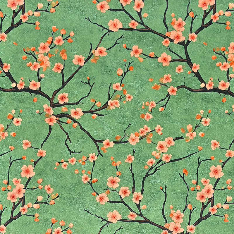 Mori No.6 green Crib5 velvet fabric with coral blossom Japanese floral print