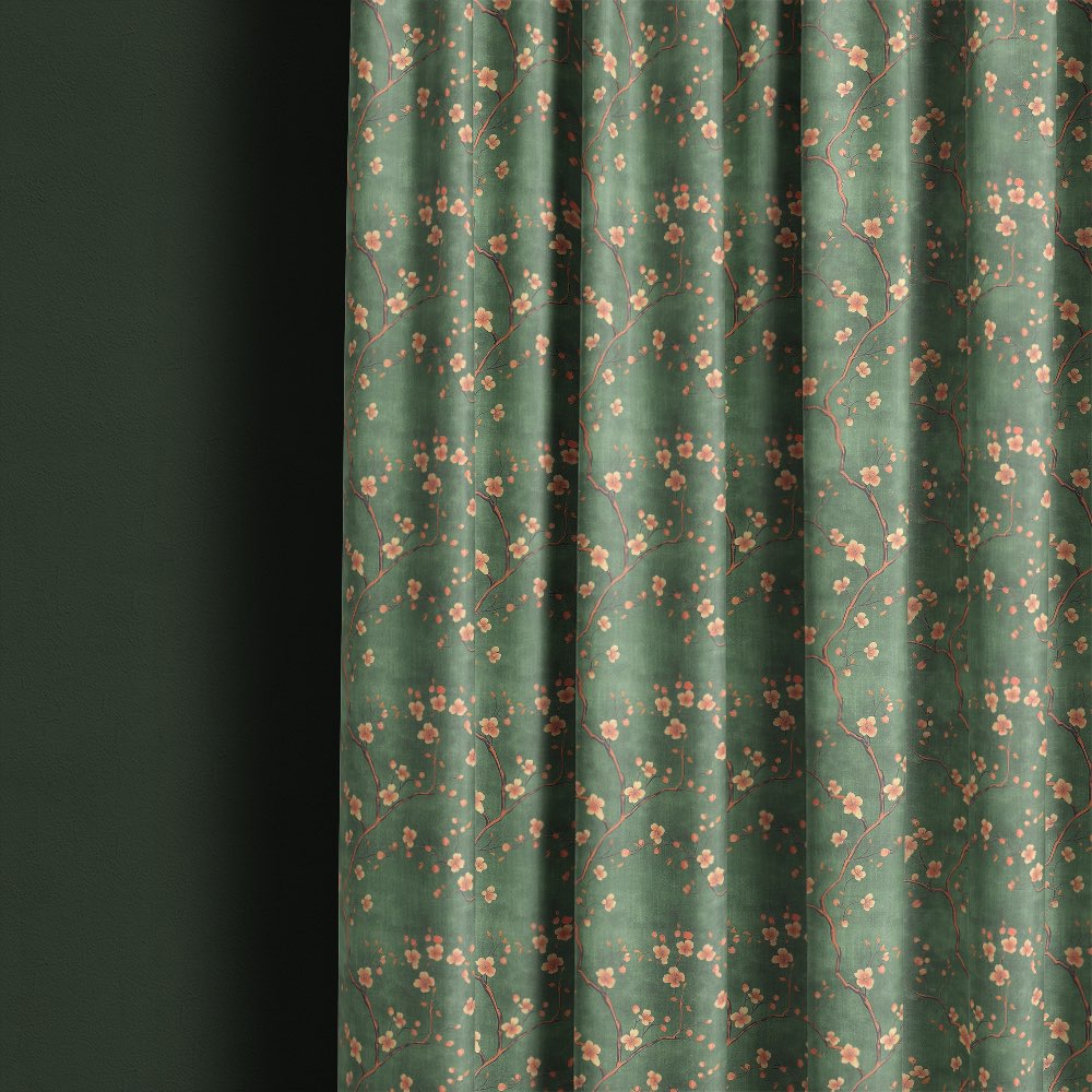 Mori No.7 linen curtain fabric showing Japanese blossom pattern in soft green tones hanging as full length curtains
