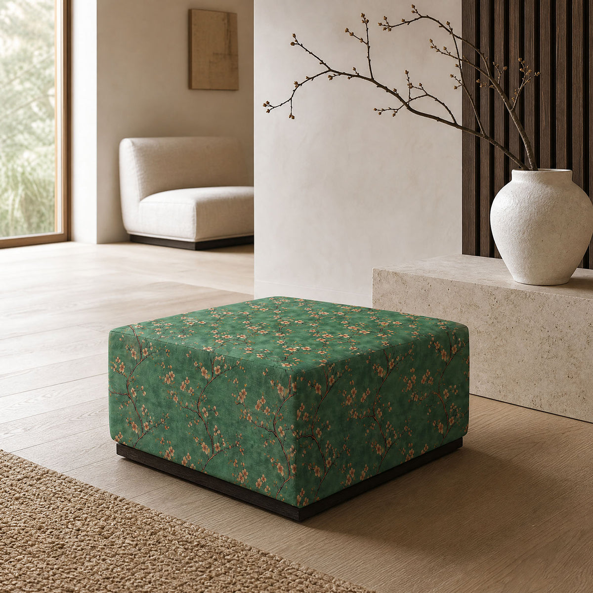 Mori No.7 green blossom Crib5 velvet fabric shown on upholstered stool