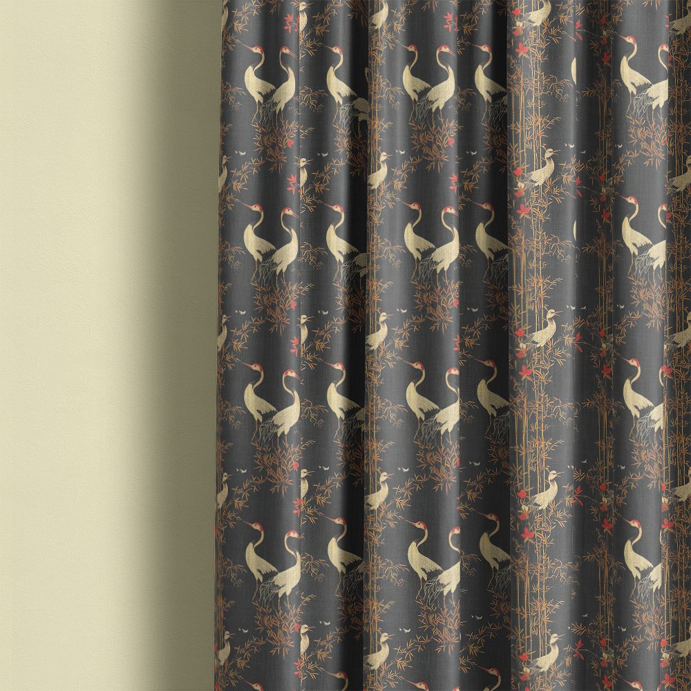 Mori No.8 linen curtain fabric showing Japanese bird design in finished curtains