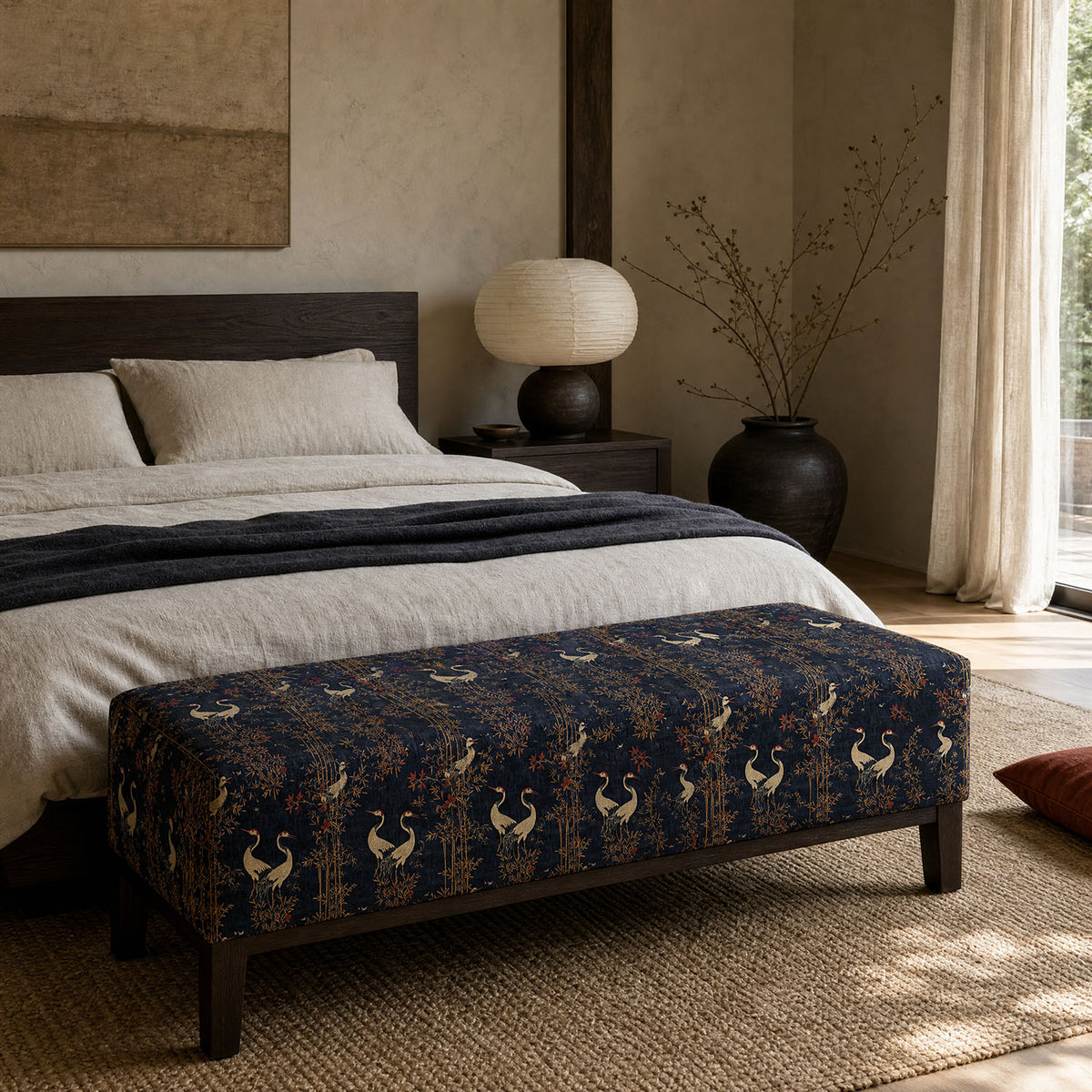 Mori No.8 navy bird Crib5 velvet fabric shown on upholstered footstool