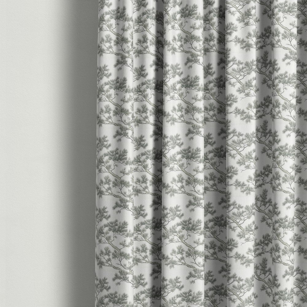 Mori No.9 linen curtain fabric showing soft drape with Japanese pine tree pattern in neutral interiors