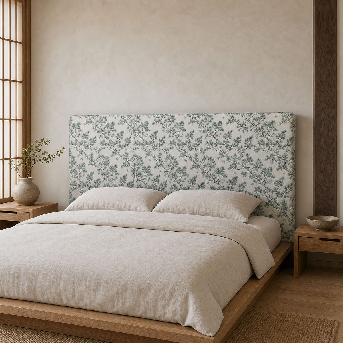 Mori No.9 white green Crib5 velvet fabric shown on upholstered headboard