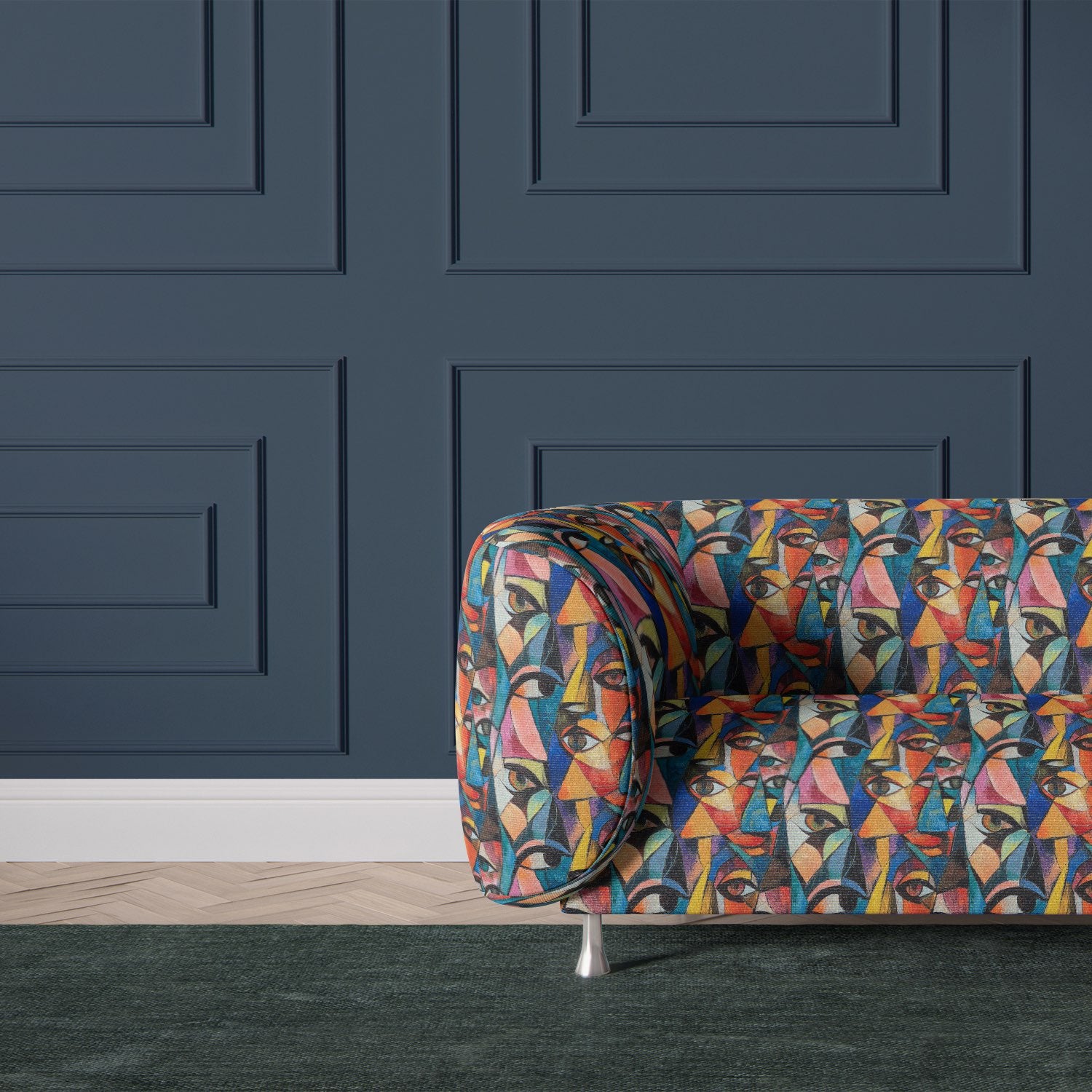 Accent chair upholstered in Mougin No.10 upholstery fabric showing expressive Picasso-style details