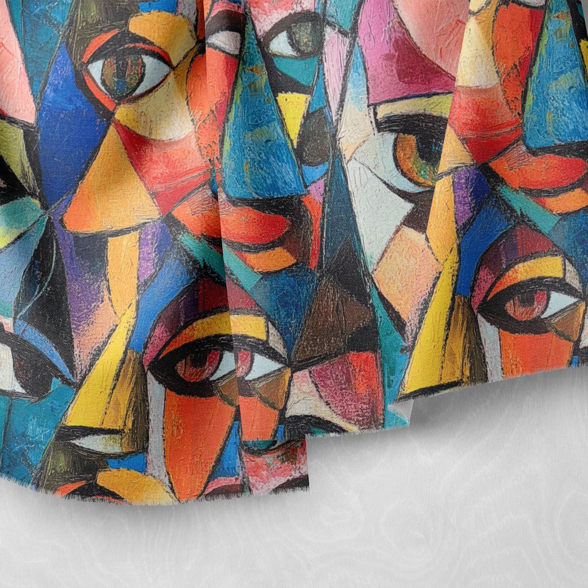Draped view of Mougin No.10 highlighting painterly Cubist eyes and multicolour blocks