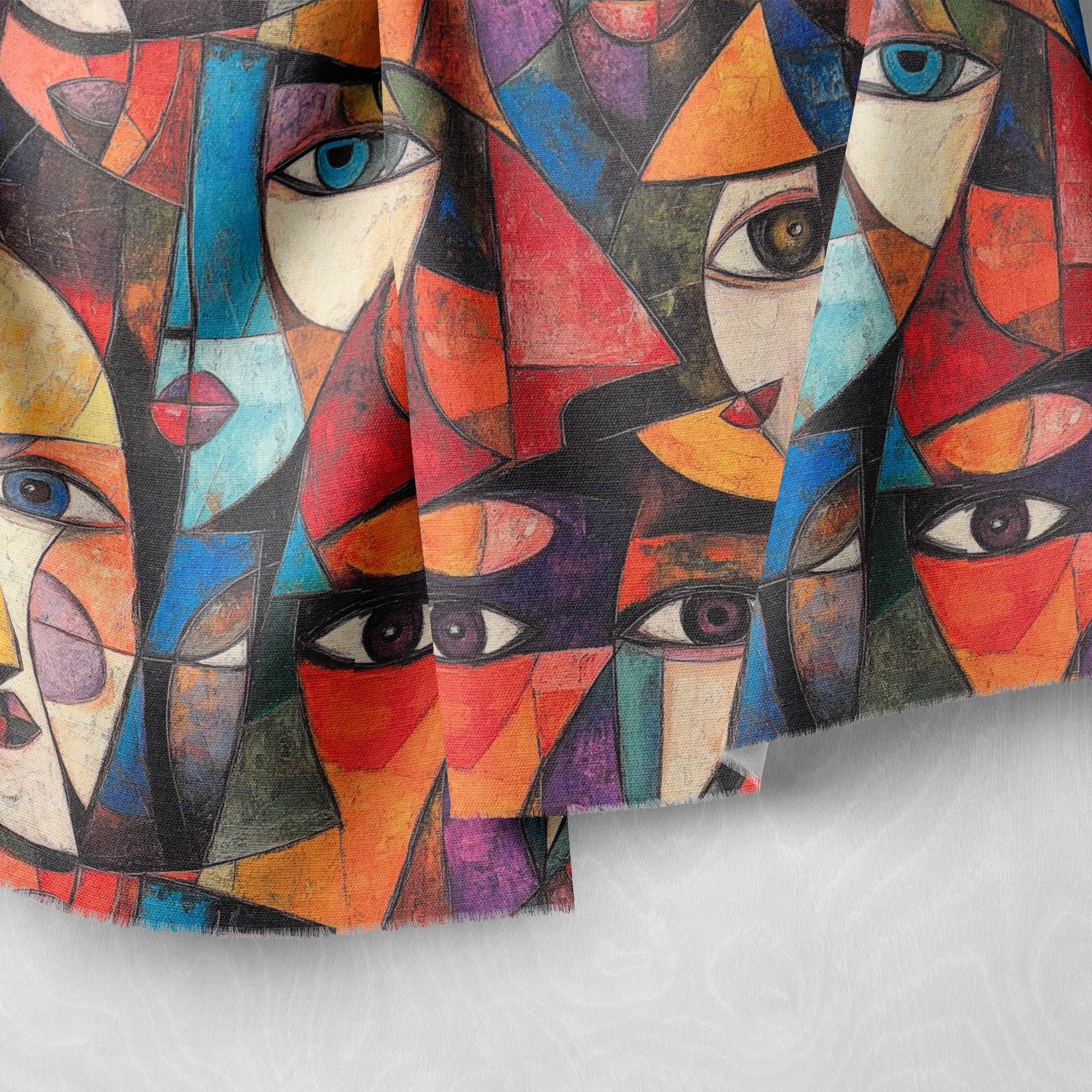 Draped Mougin No.11 fabric highlighting vibrant geometric face details