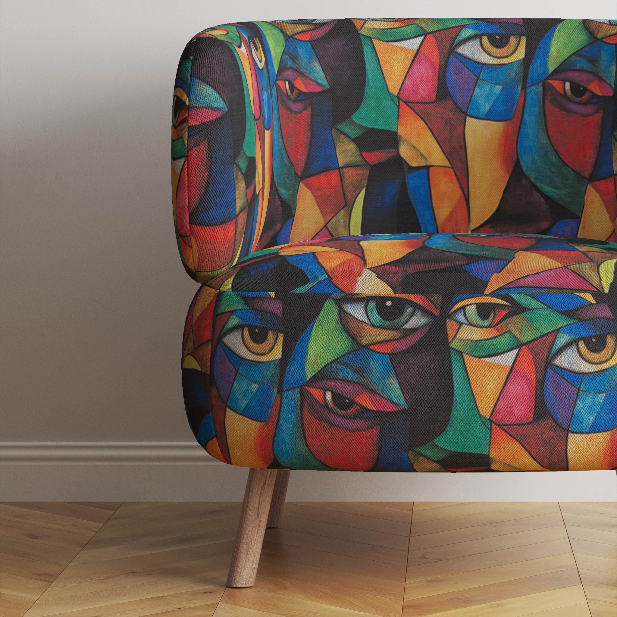 Modern chair upholstered in Mougin No.12 with multicoloured Picasso-style faces