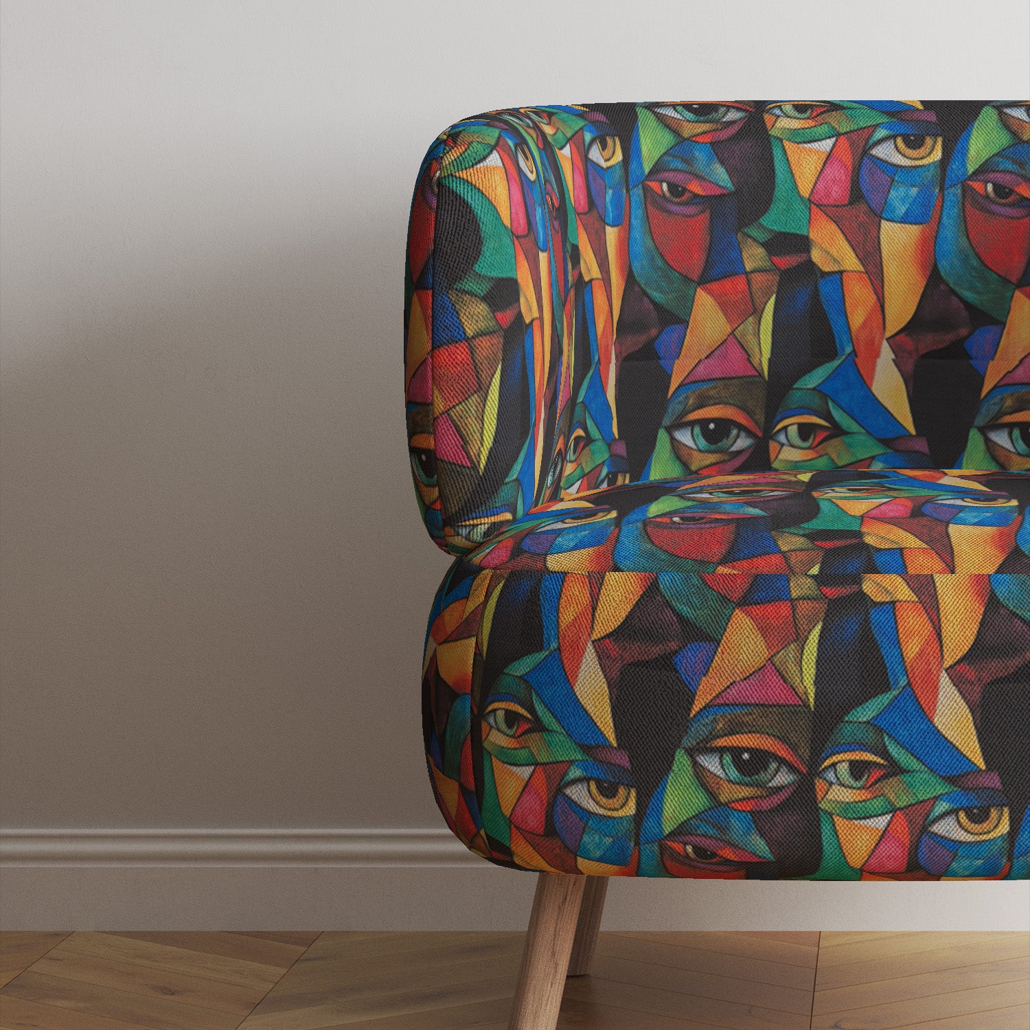 Modern chair upholstered in Mougin No.12 with multicoloured Picasso-style faces
