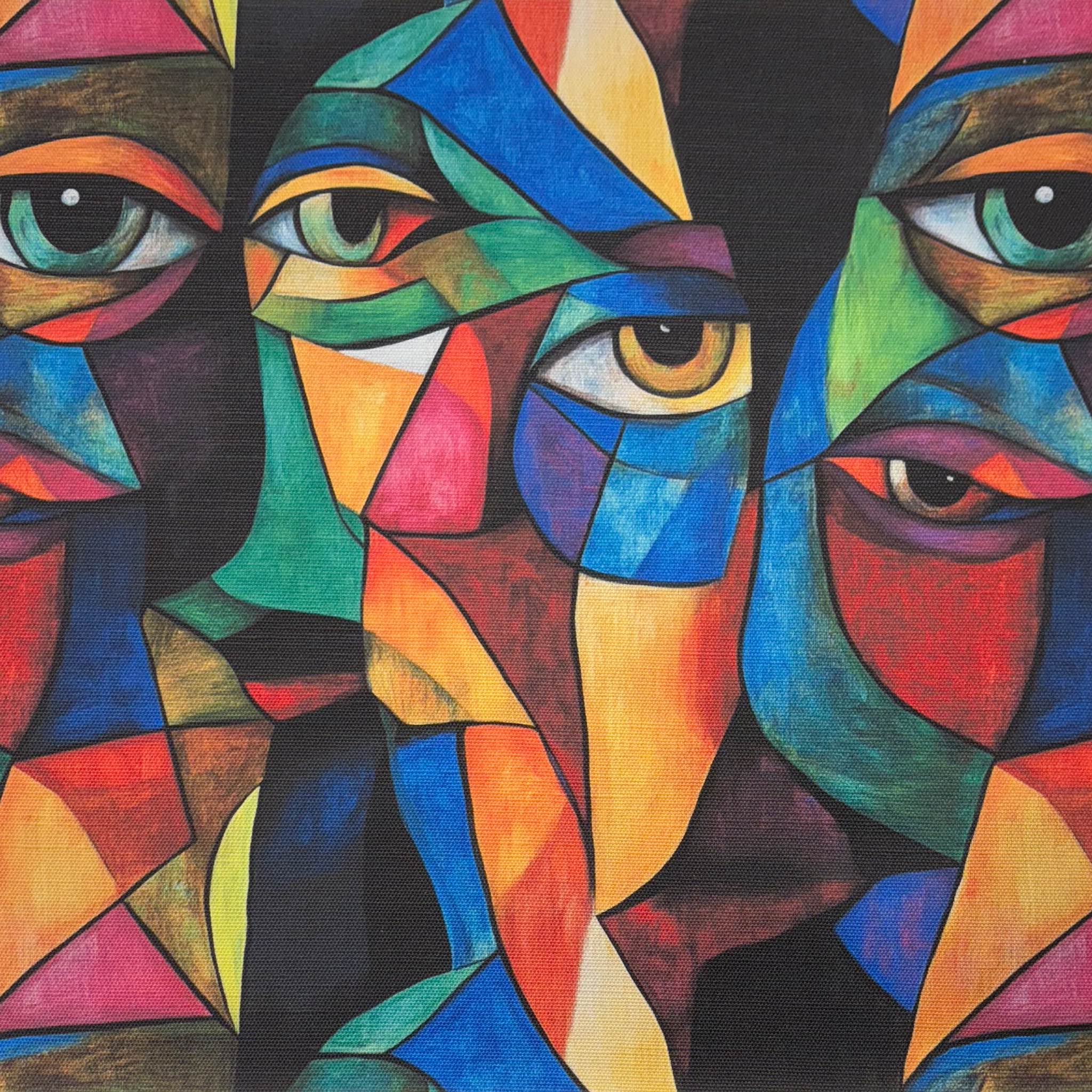 Flat lay of Mougin No.12 Upholstery Fabric featuring bold cubist face designs