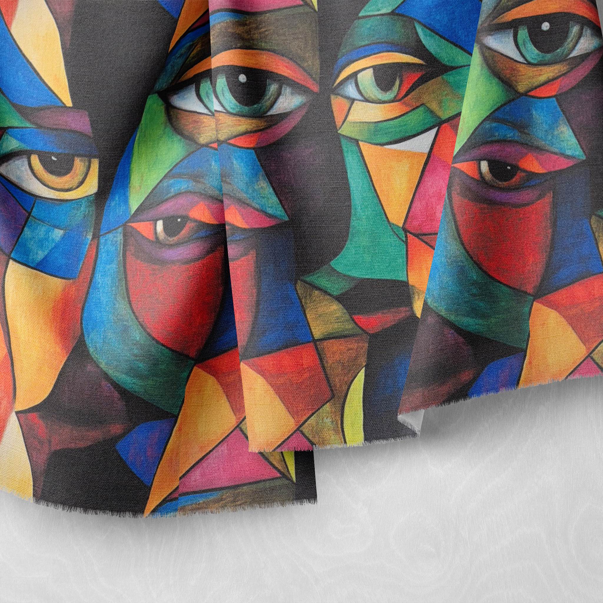 Close-up of Mougin No.12 fabric showing angular lines and expressive colour blocks