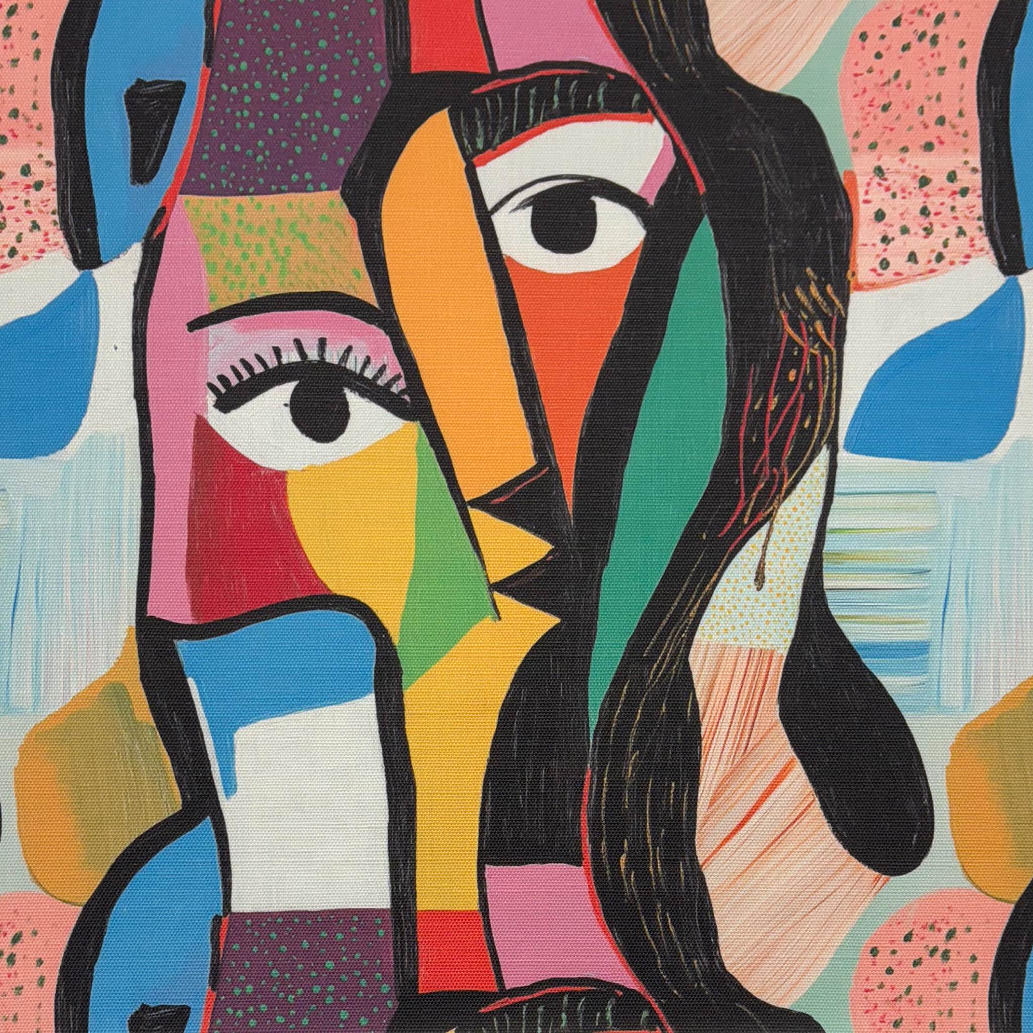 Flat lay of Mougin No.13 Upholstery Fabric with abstract multicoloured face design