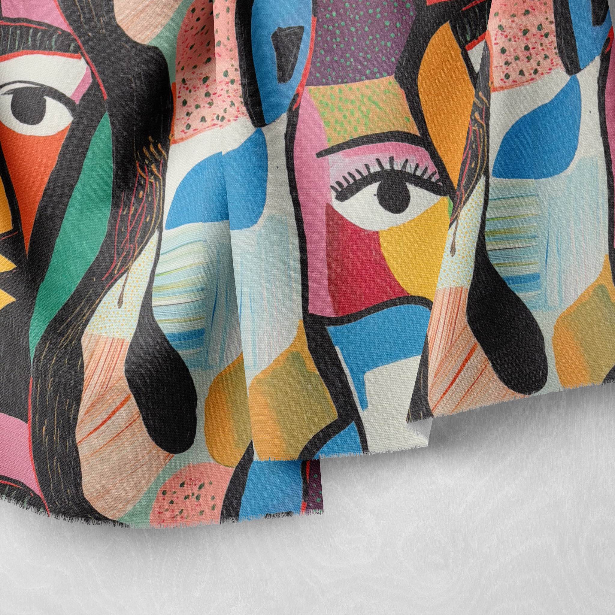 Draped fabric detail showing artistic eyes and vibrant geometric shapes