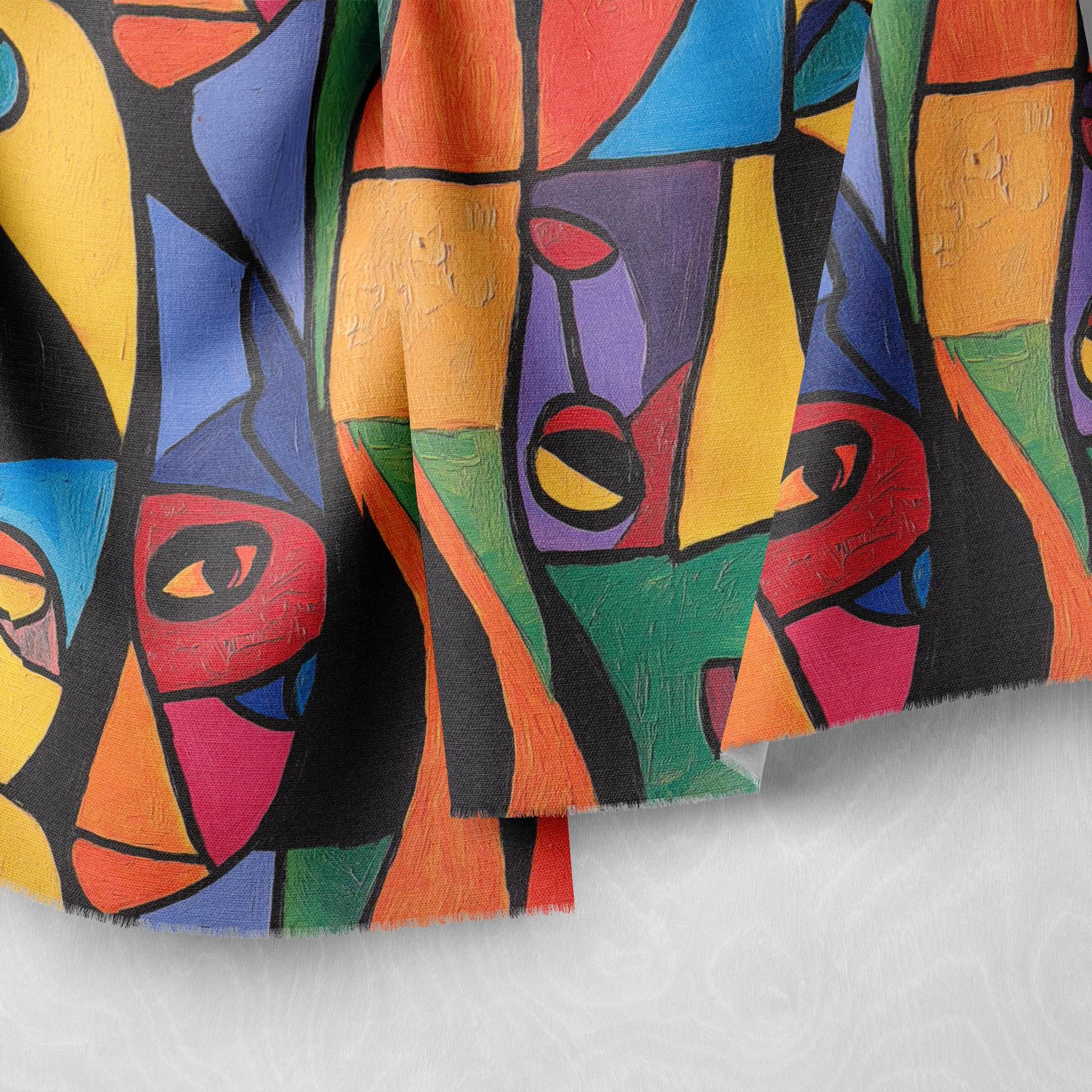 Close-up of Mougin No.14 draped fabric with vibrant geometric colour blocks