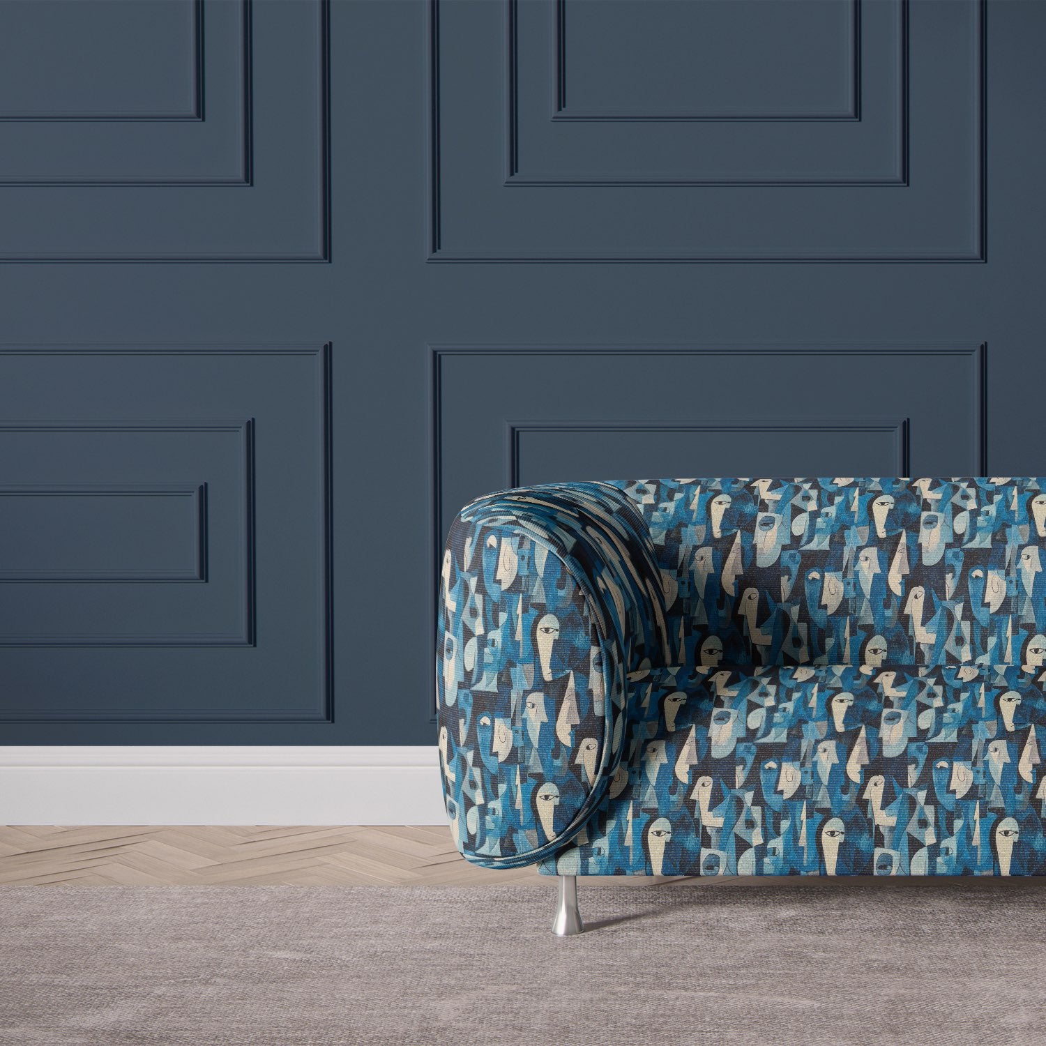 Sofa upholstered in Mougin No.15, ideal blue upholstery fabric for statement furniture