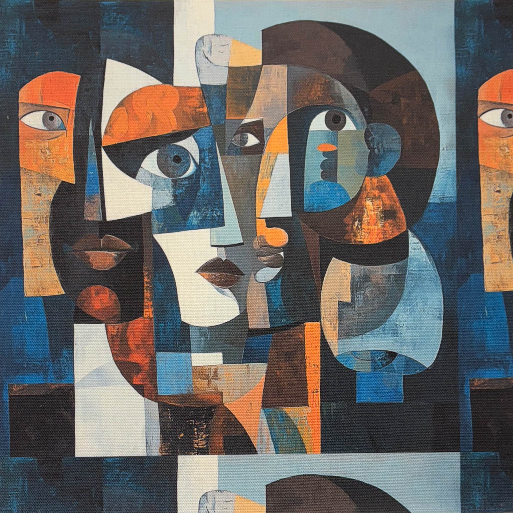 Flat lay of Mougin No.16 Upholstery Fabric with bold blue and terracotta face pattern