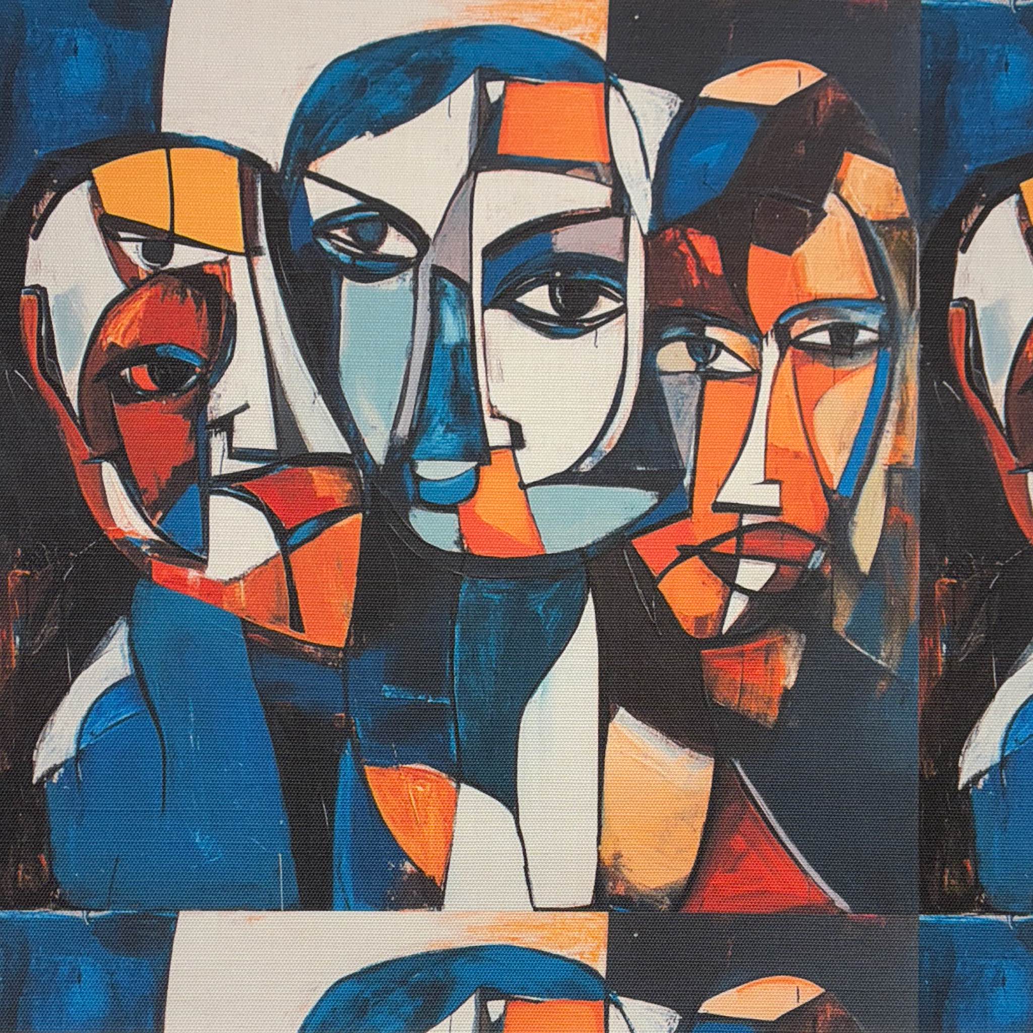 Flat lay of Mougin No.17 Upholstery Fabric in blue, rust and ivory abstract face design