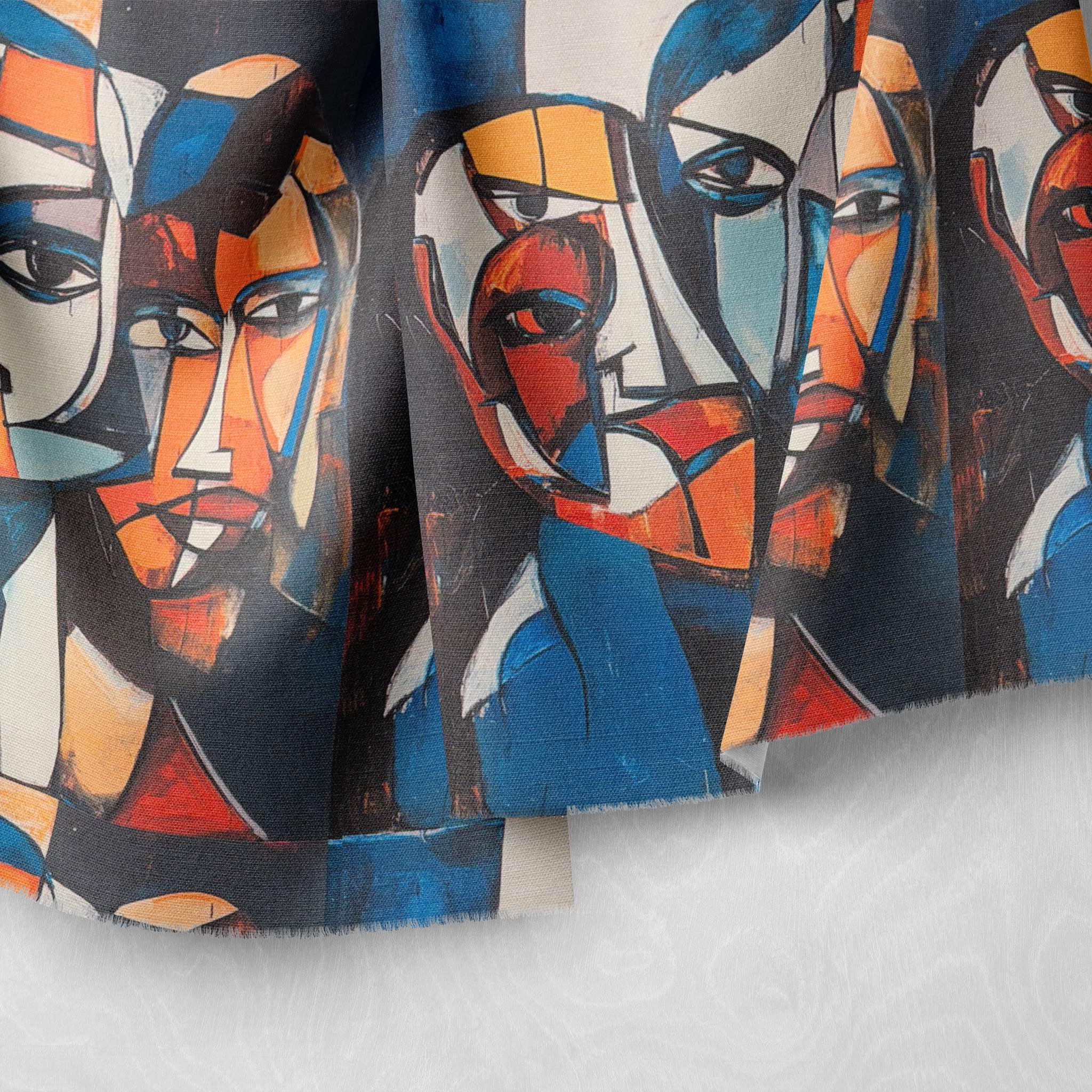 Draped view of Mougin No.17 fabric showing Picasso-inspired fragmented portraiture