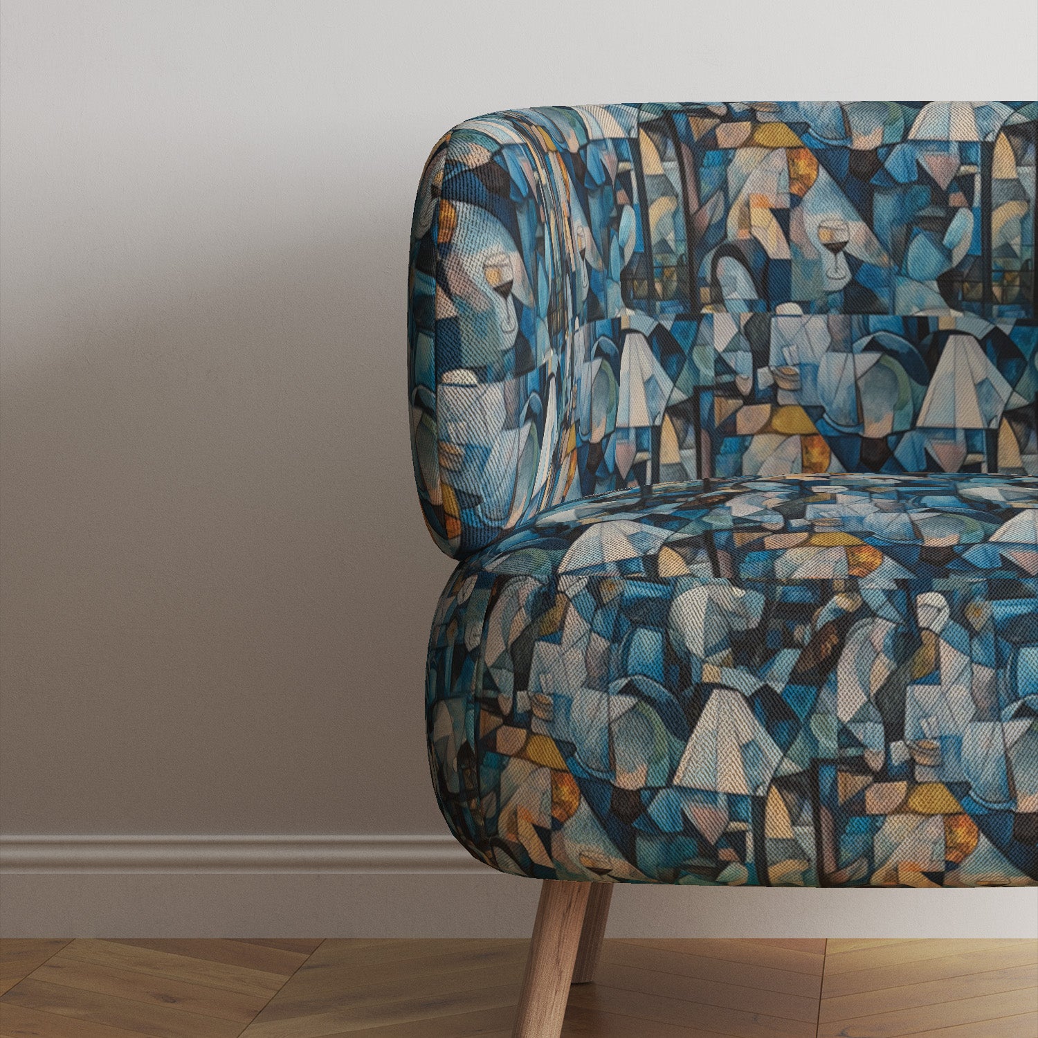 Sofa upholstered in Mougin No.18 blue geometric fabric with artistic motifs