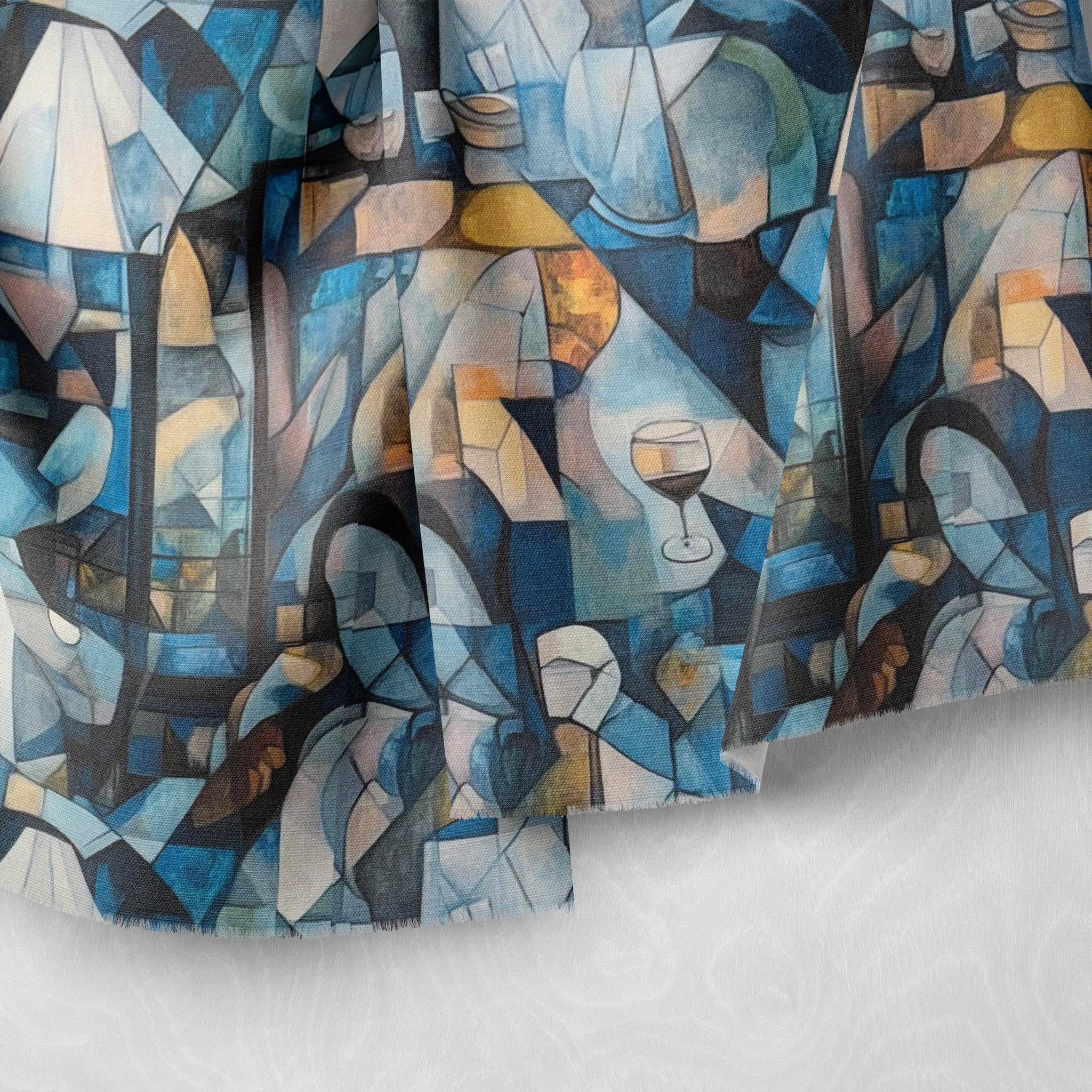 raped fabric detail of Mougin No.18 showing wine glass and lamp forms in Picasso-inspired style