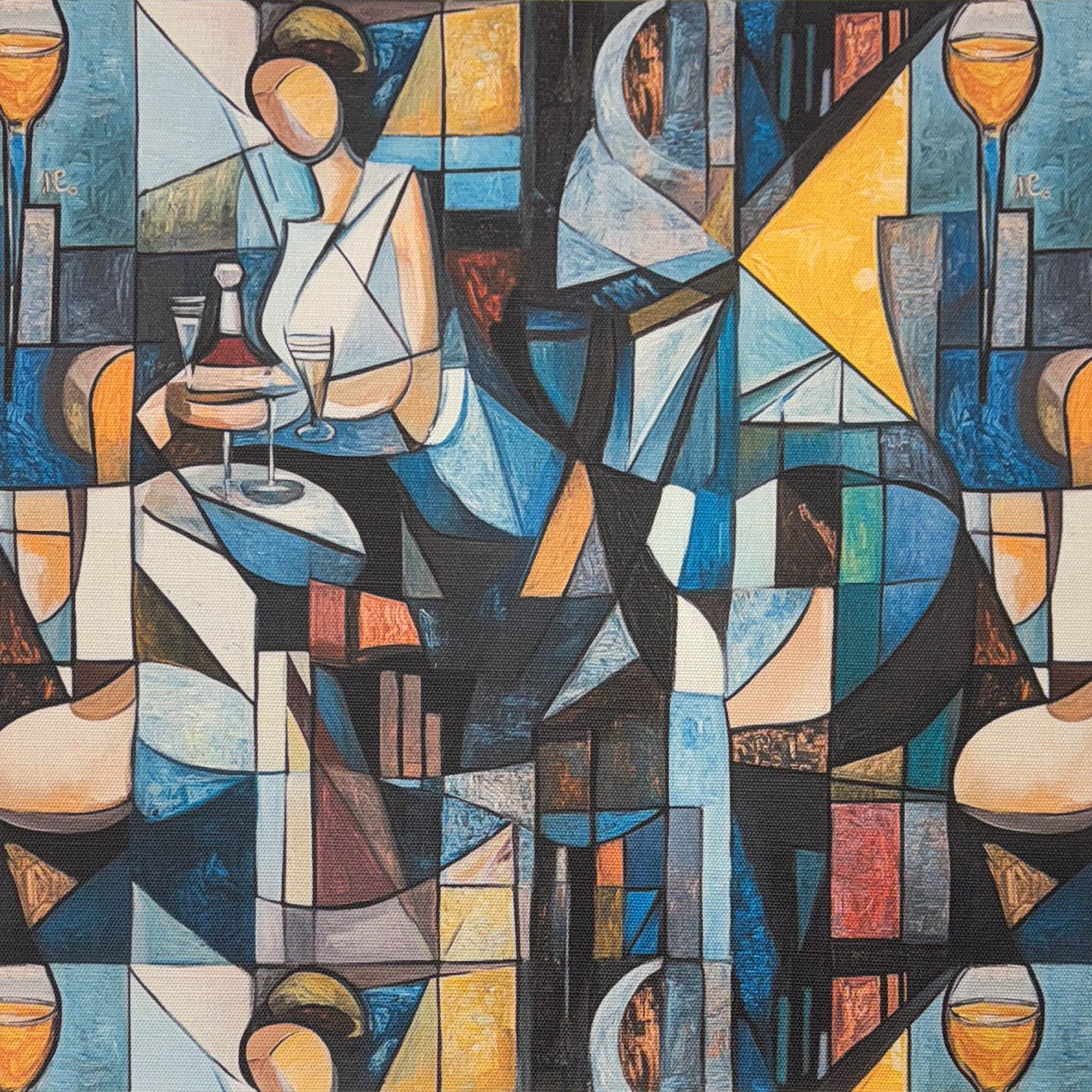 Flat lay of Mougin No.19 Upholstery Fabric with abstract wine glass and figure design in blue and yellow tones