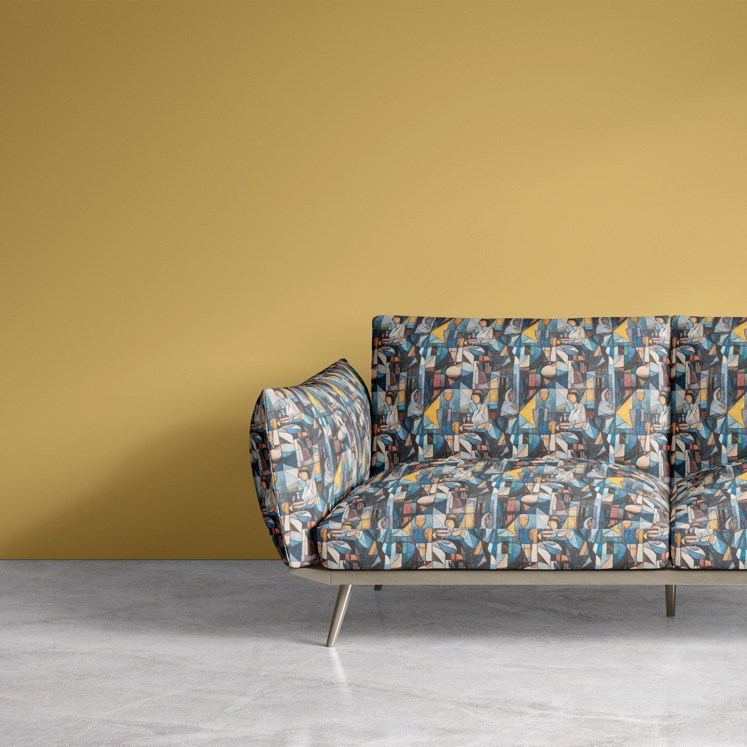 Sofa upholstered in Mougin No.19 fabric with cubist-inspired painterly print