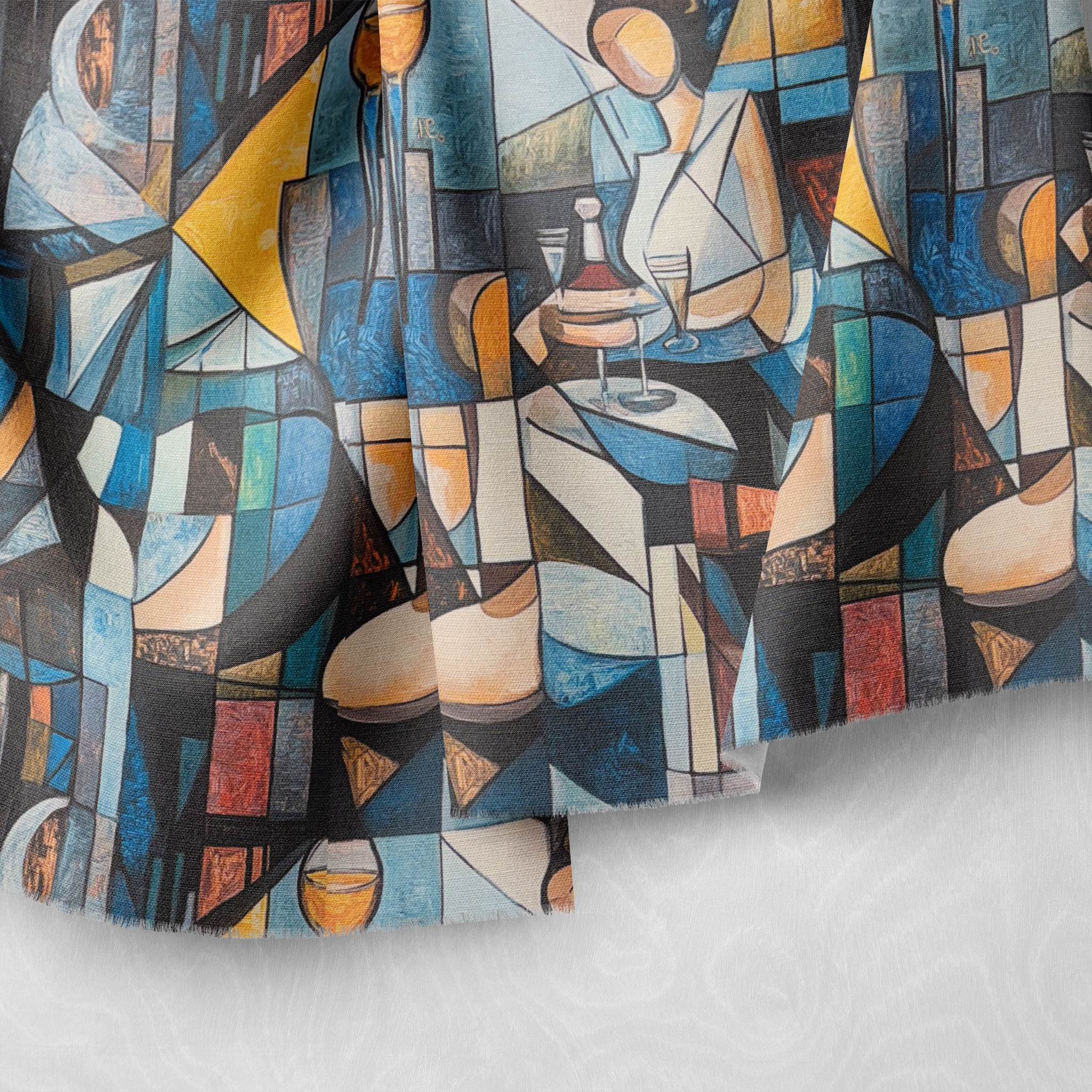 Draped Mougin No.19 fabric highlighting bold geometric shapes and ochre palette