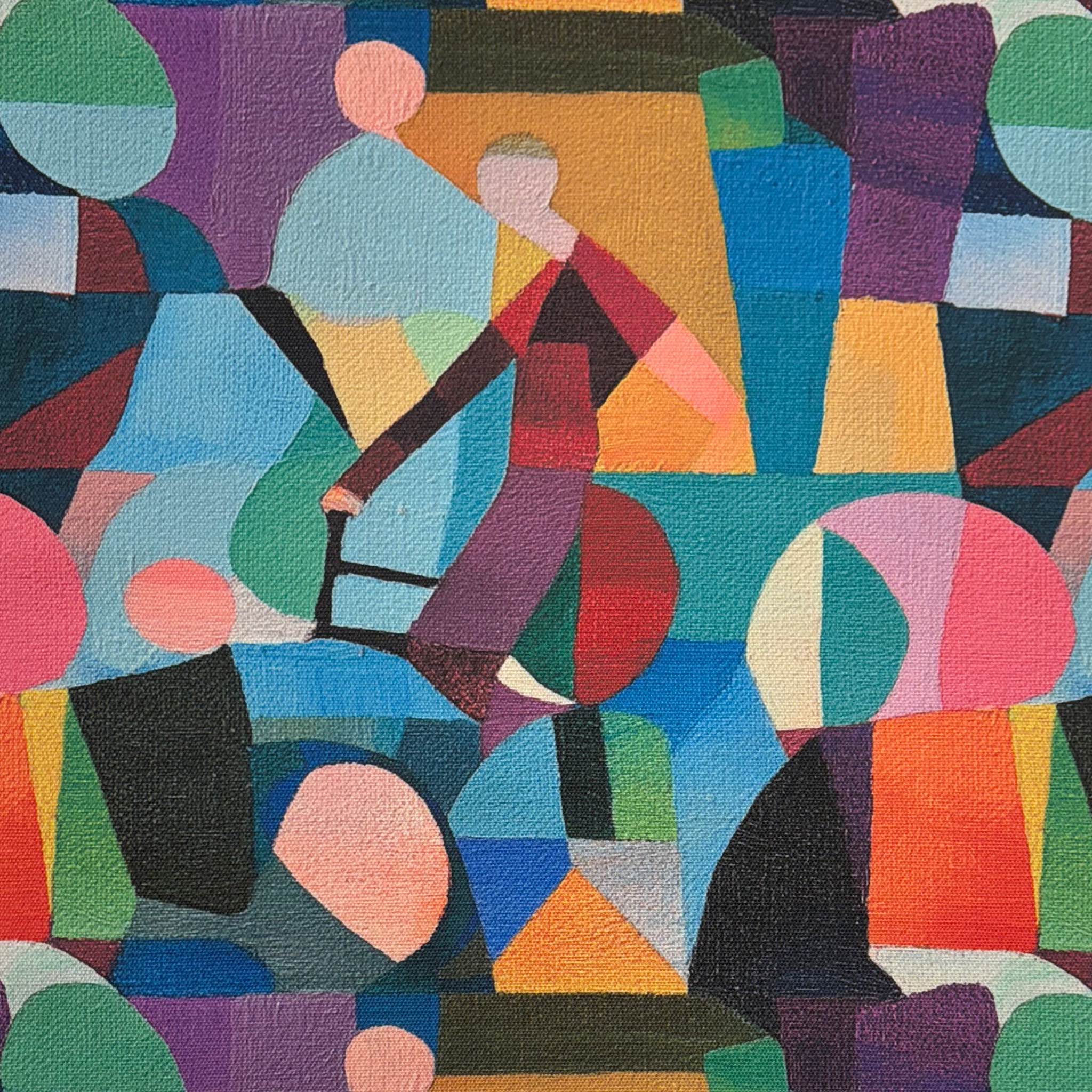 Flat lay of Mougin No.1 purple cubist upholstery fabric with multicolour abstract design