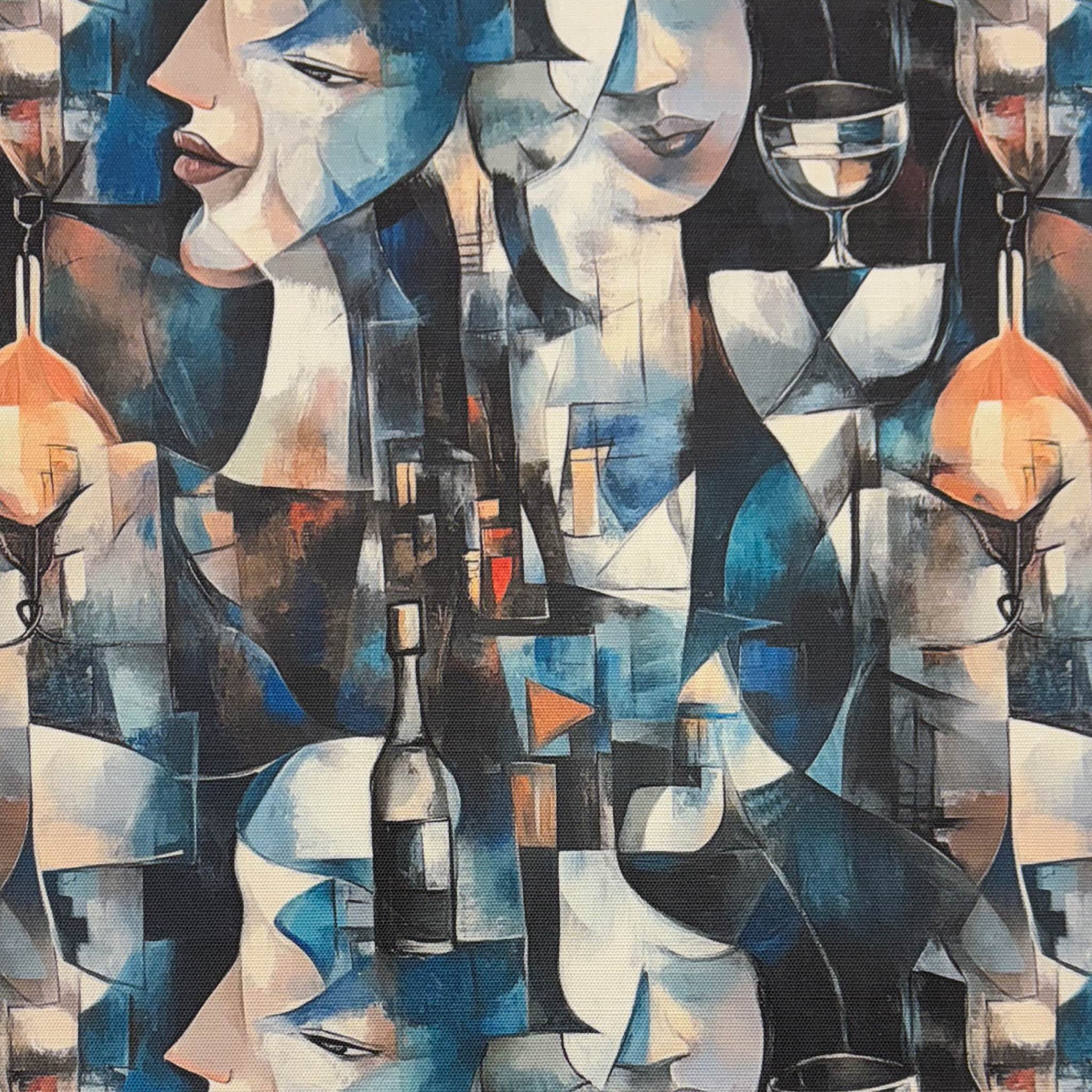 Flat lay of Mougin No.20 Upholstery Fabric showing abstract blue wine glass and face design