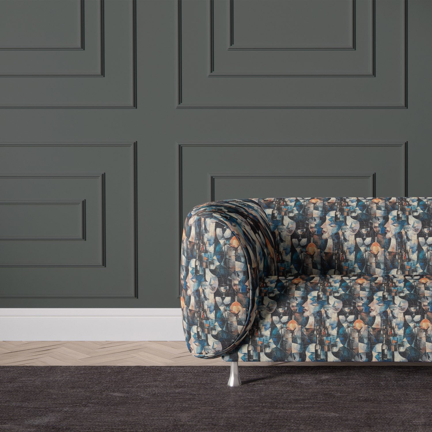 Sofa upholstered in Mougin No.20 fabric with moody blue and amber cubist print