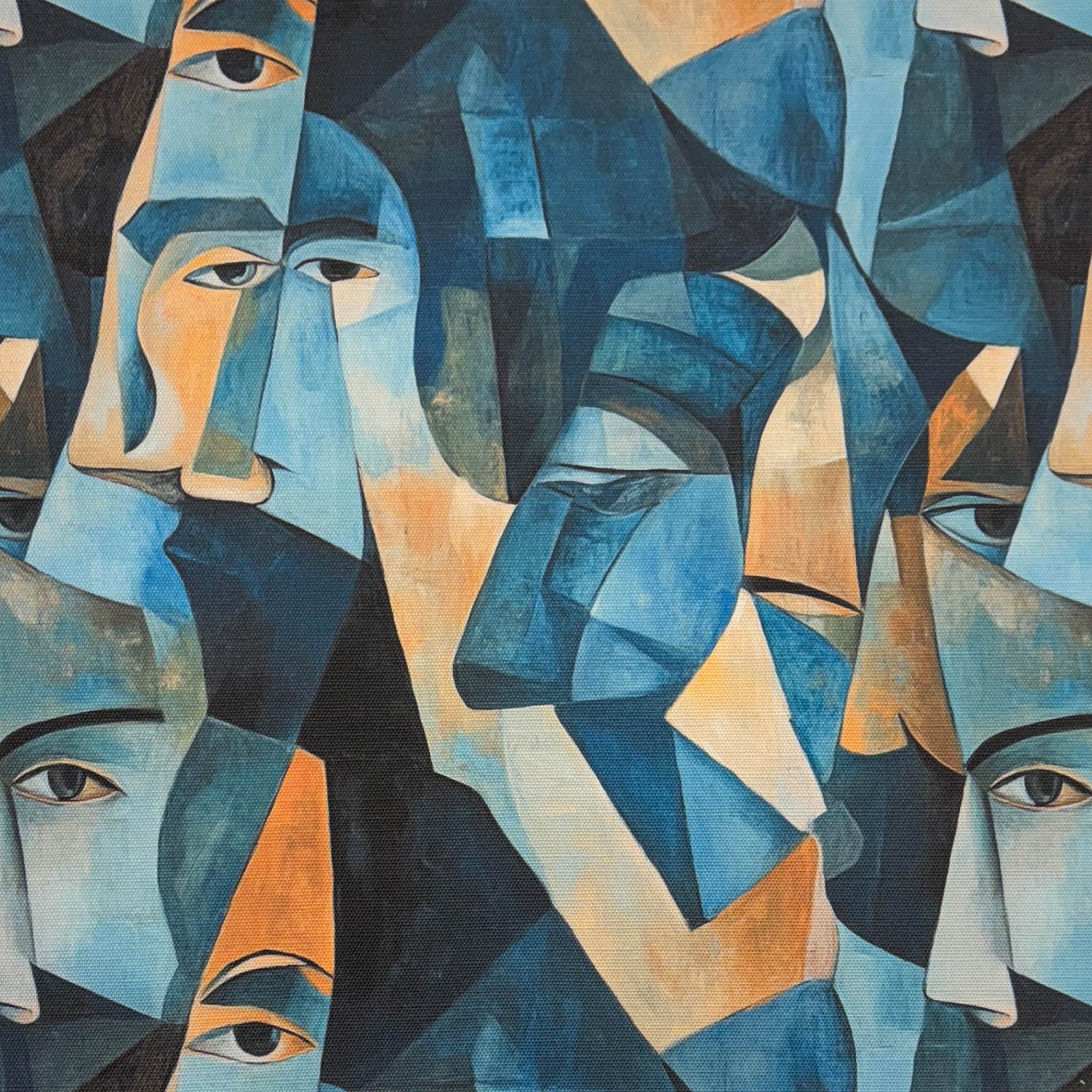 Flat lay of Mougin No.21 Upholstery Fabric with abstract blue face design