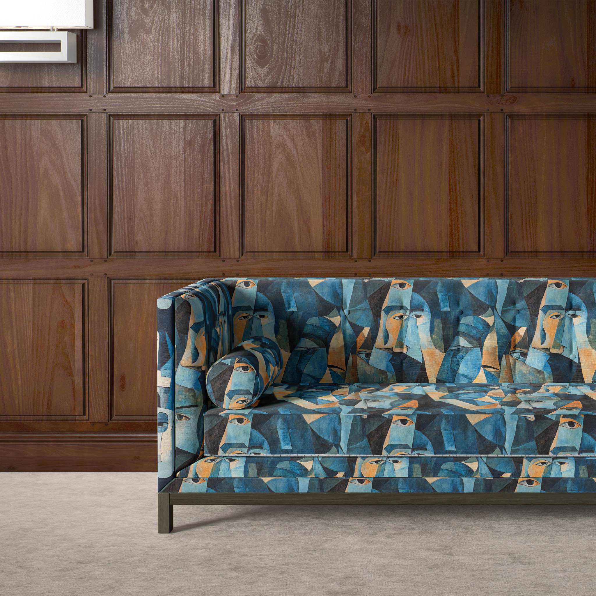 Sofa upholstered in Mougin No.21 fabric featuring Picasso-inspired abstract expressions