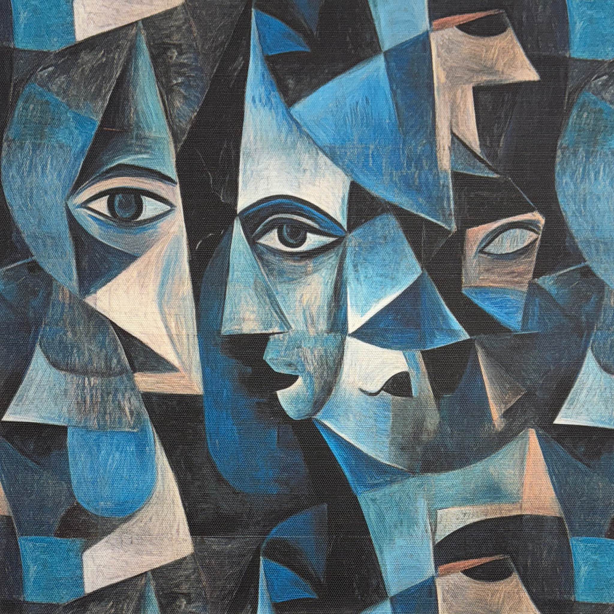 Flat lay of Mougin No.22 Upholstery Fabric featuring blue and monochrome abstract faces