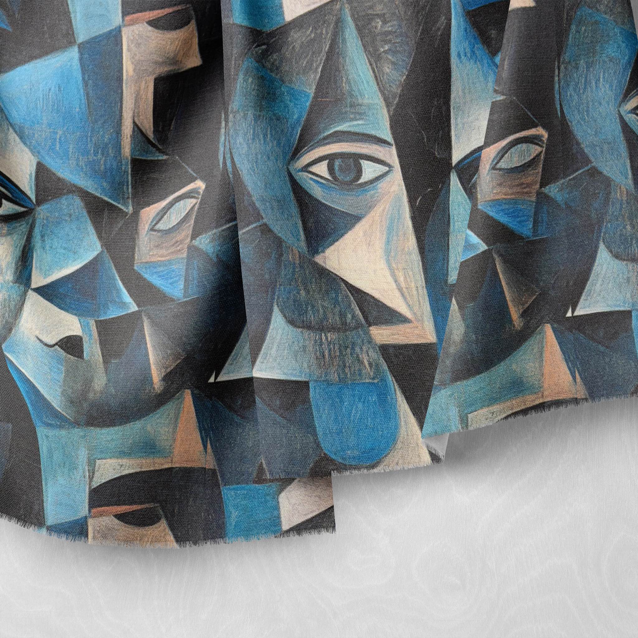 Draped Mougin No.22 statement fabric highlighting bold cubist curves in tonal blue palette