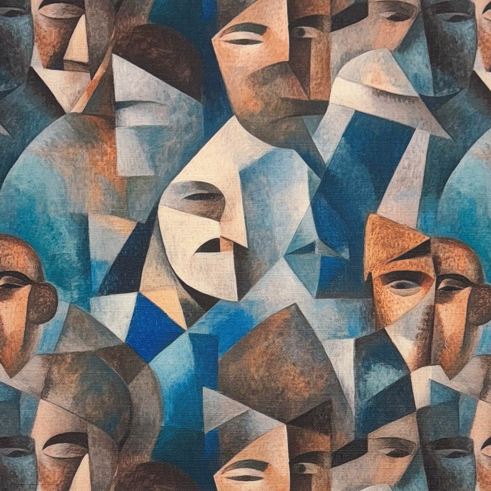 Flat lay of Mougin No.23 Upholstery Fabric showing blue and terracotta cubist face pattern