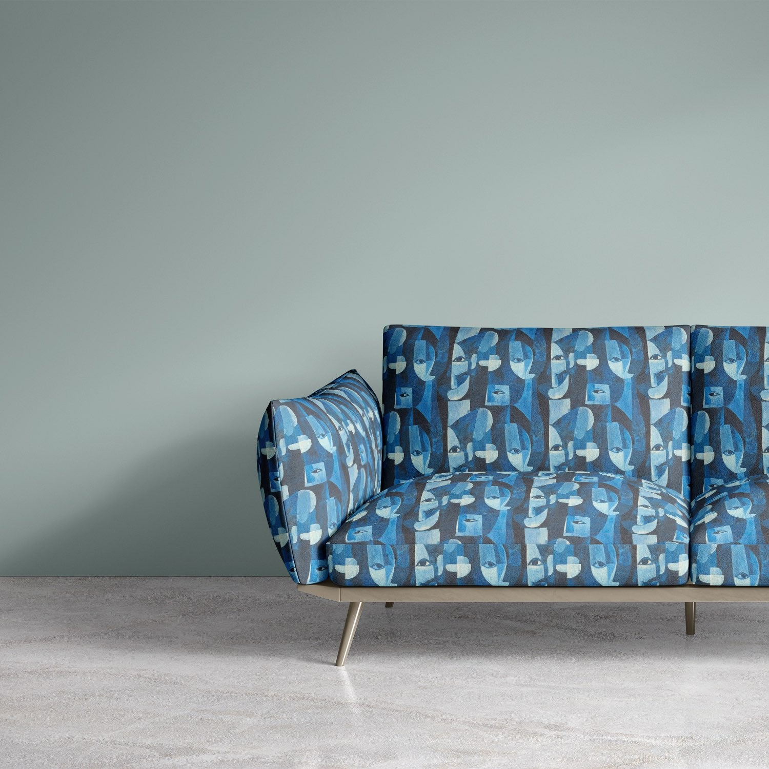 Mid-century chair upholstered in Mougin No.24 abstract face fabric