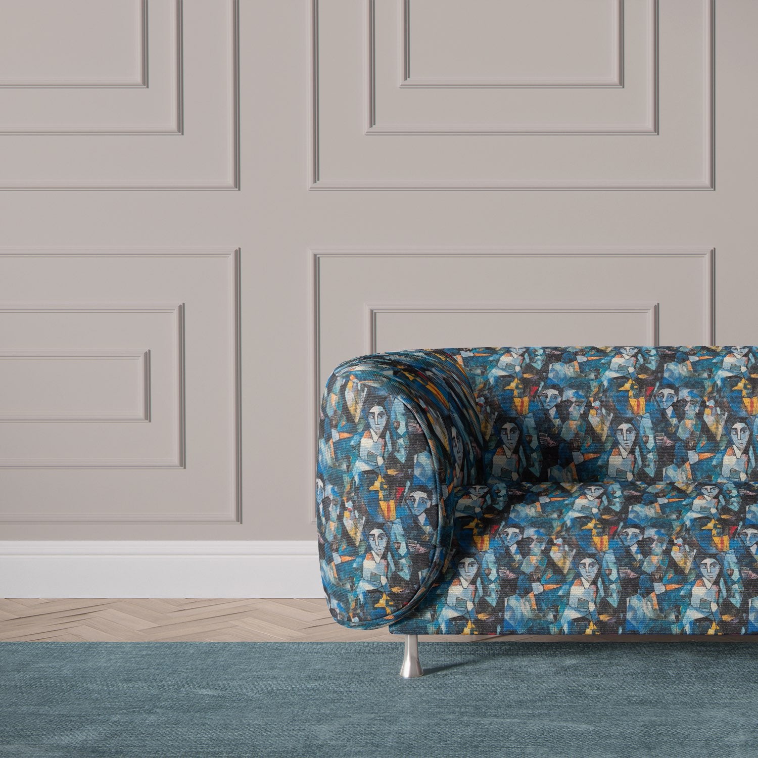 Sofa upholstered in Mougin No.25 blue upholstery fabric for statement furniture